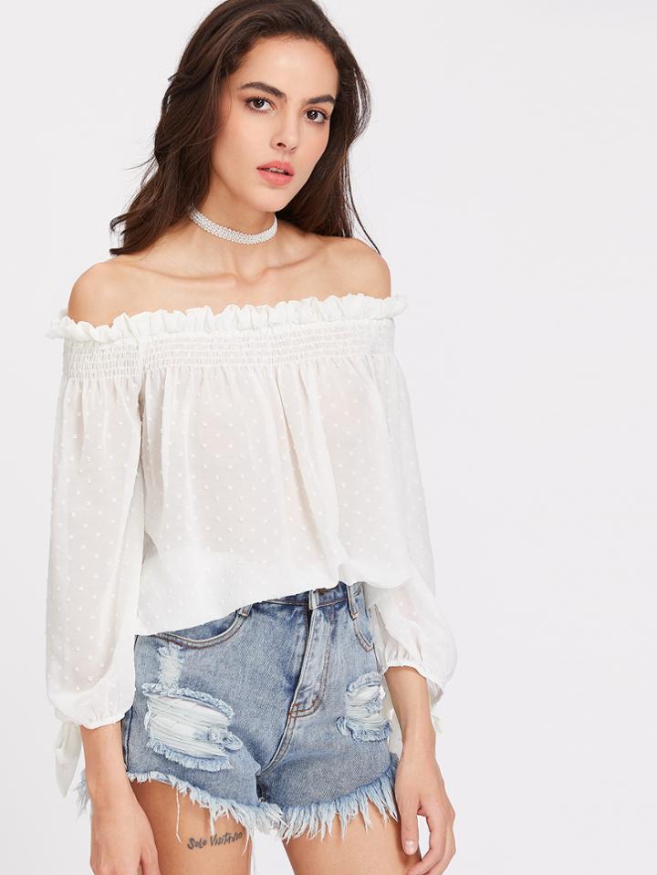 Shein Frilled Smocked Off Shoulder Tie Sleeve Dot Jacquard Top