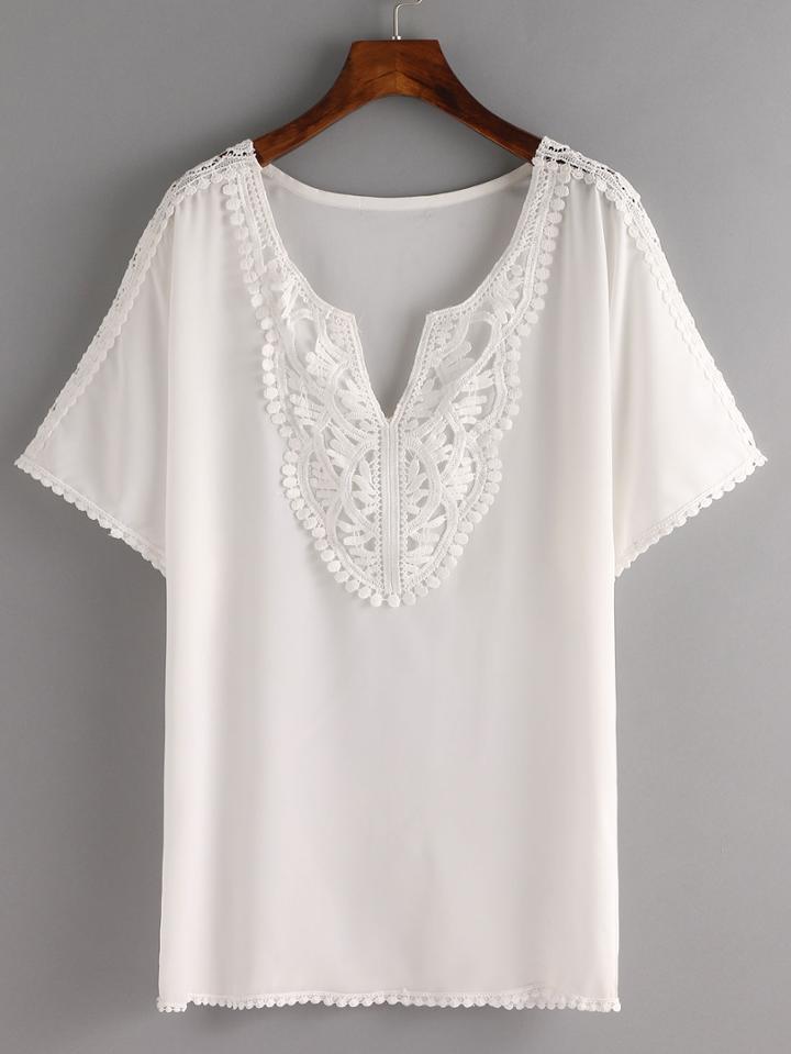 Shein Pom Pom Lace Trimmed White Chiffon Top