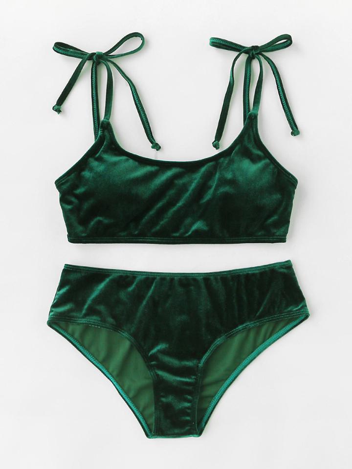 Shein Bow Tie Shoulder Velvet Bikini Set