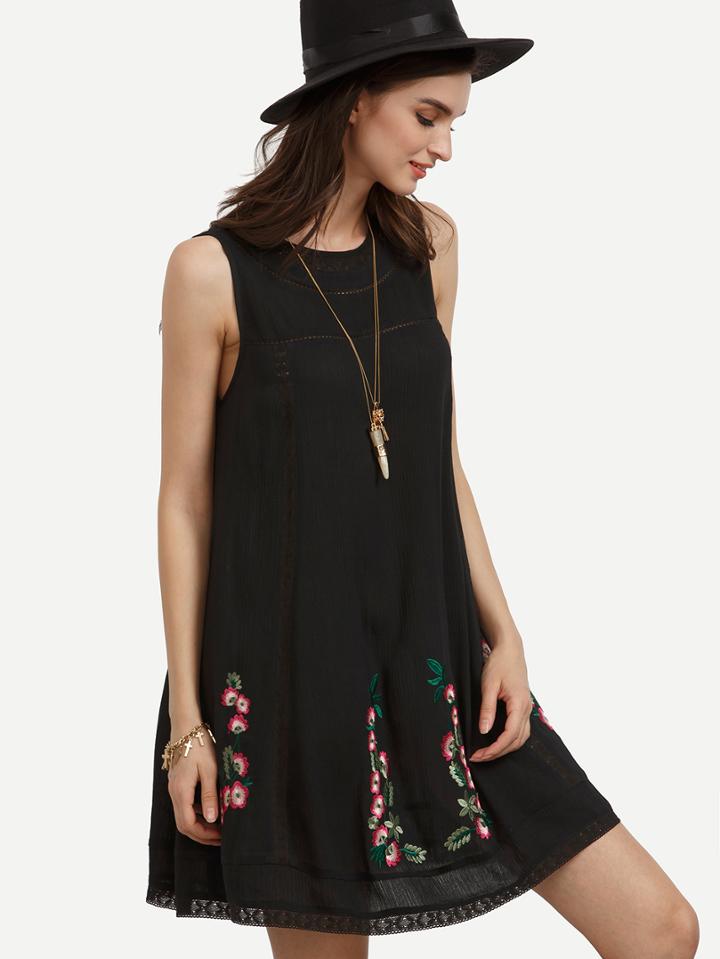 Shein Black Sleeveless Flower Embroidered Shift Dress