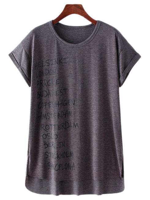 Shein Dark Grey Dip Hem Letters Print T-shirt