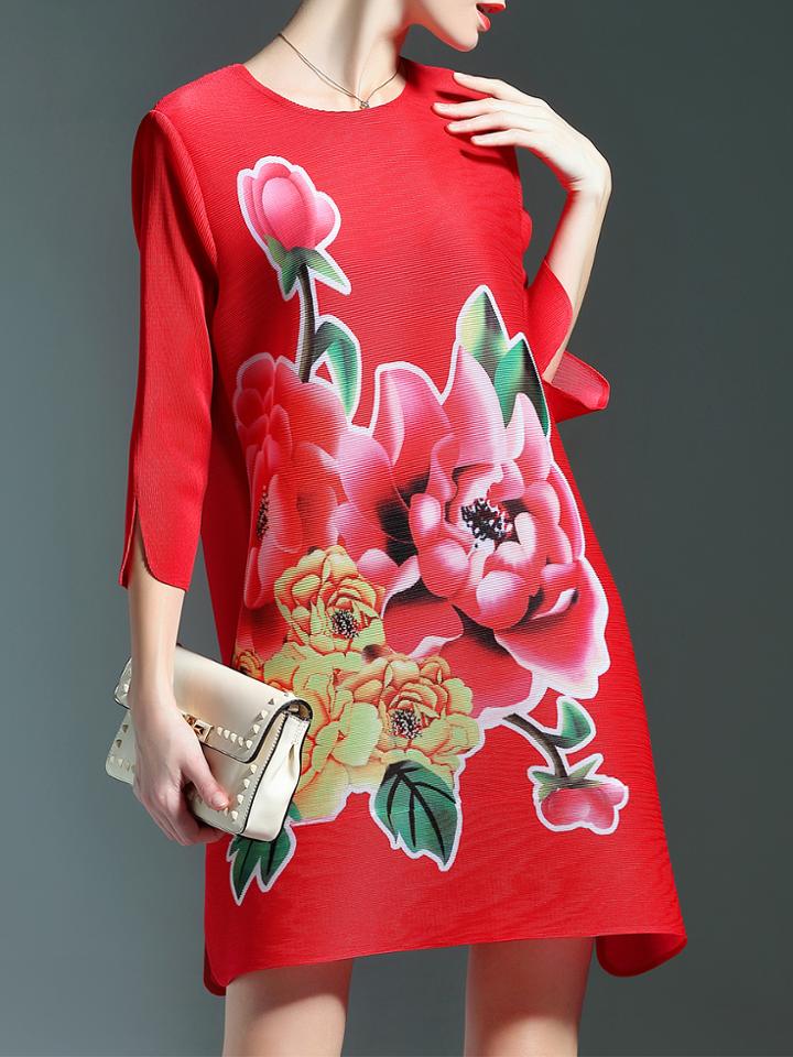 Shein Red Print Pleated Elastic Shift Dress