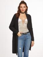 Shein Black Ribbed Knit Shawl Collar Wrap Sweater Coat