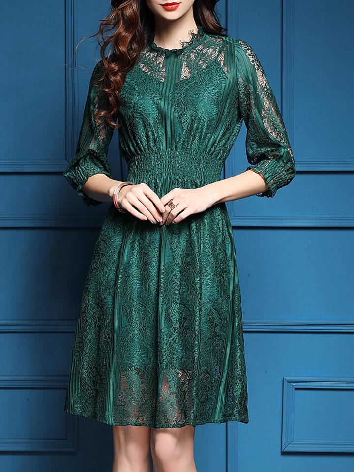 Shein Green Elastic-waist Mesh Lace Dress