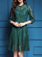 Shein Green Elastic-waist Mesh Lace Dress