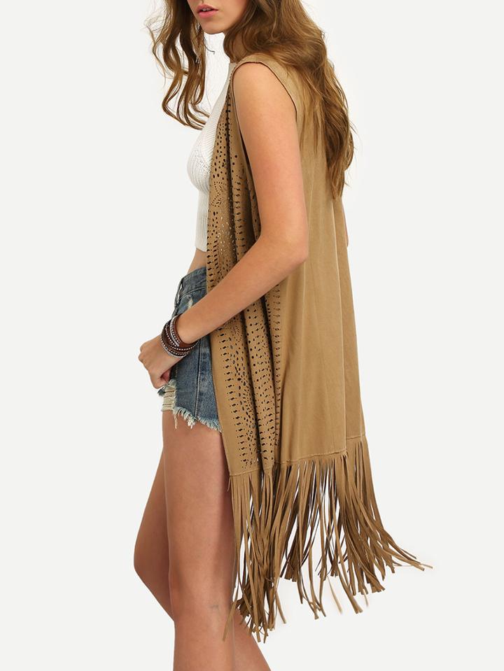 Shein Brown Suede Pierced Fringe Vest Coat