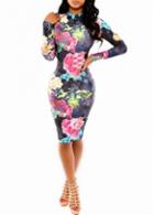 Rosewe Flower Print Turtleneck Long Sleeve Bodycon Dress