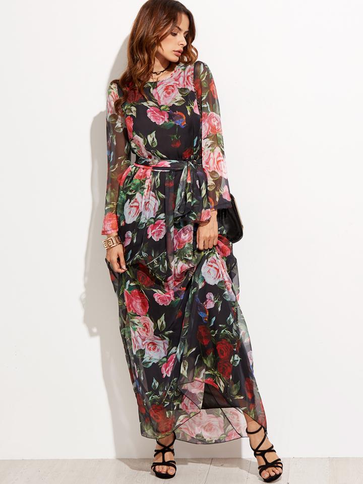 Shein Random Flower Print Self Tie Chiffon Dress