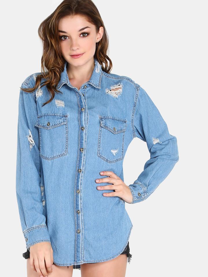 Shein Distressed Flannel Button Up Top Light Denim