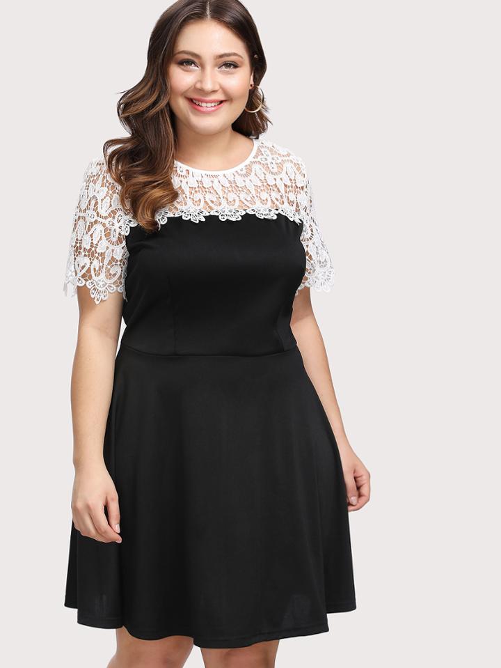 Shein Lace Yoke Fitted & Flared Dress