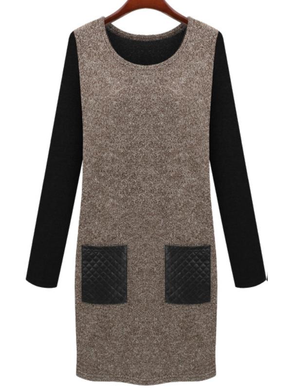 Shein Coffee Round Neck Contrast Pu Leather Pockets Dress