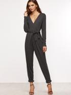 Shein Heather Grey Surplice Front Belted Tapered Jumpsuit