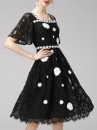 Shein Black Boat Neck Bell Sleeve Embroidered Lace Dress