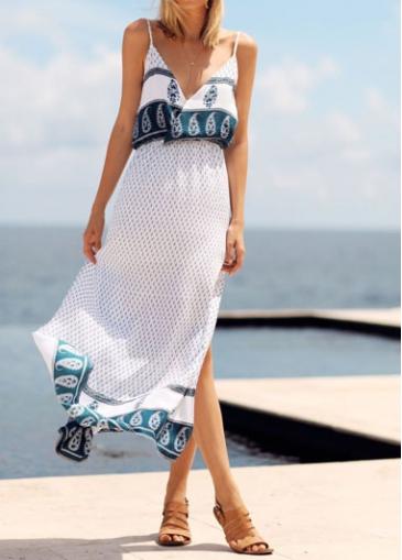 Rosewe Plunging Neck V Back Printed White Dress