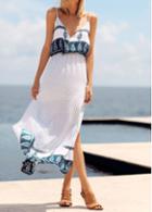 Rosewe Plunging Neck V Back Printed White Dress
