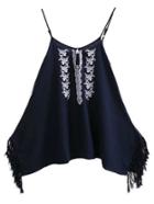 Shein Black Embroidery Fringed Side Spaghetti Strap Blouse