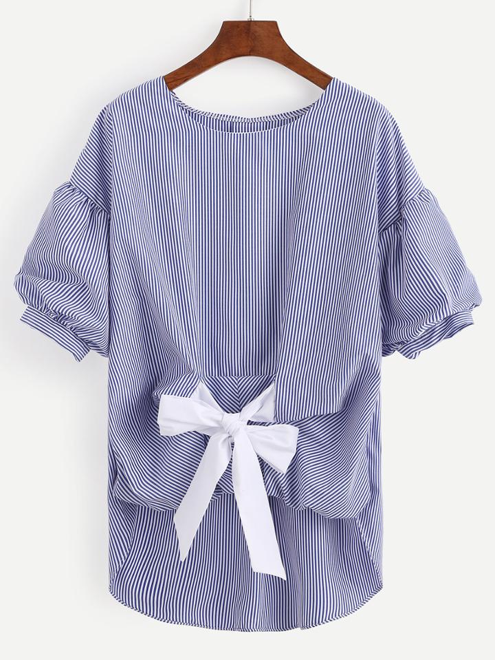 Shein Blue Striped Tie Front Lantern Sleeve Blouse
