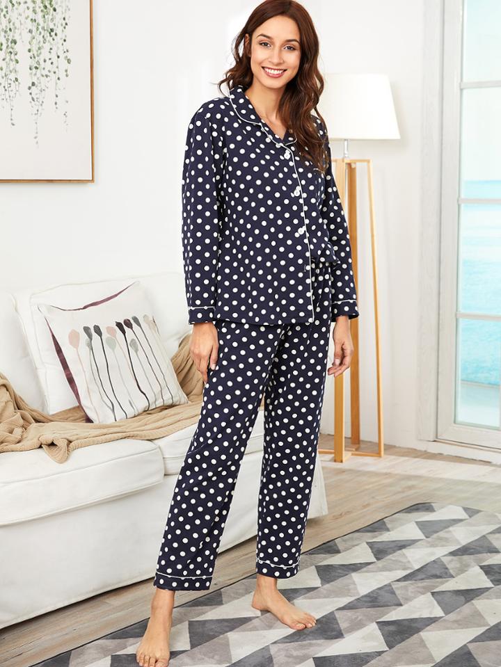 Shein Contrast Binding Polka Dot Shirt & Pants Pj Set