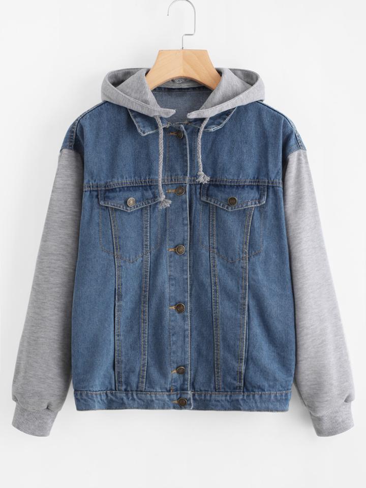 Shein Color Block Hooded Denim Jacket