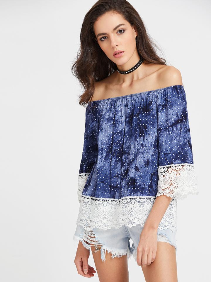 Shein Tie Dye Polka Dot Contrast Crochet Lace Top