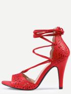 Shein Laser-cut Lace-up Peep Toe D'orsay Pumps - Red