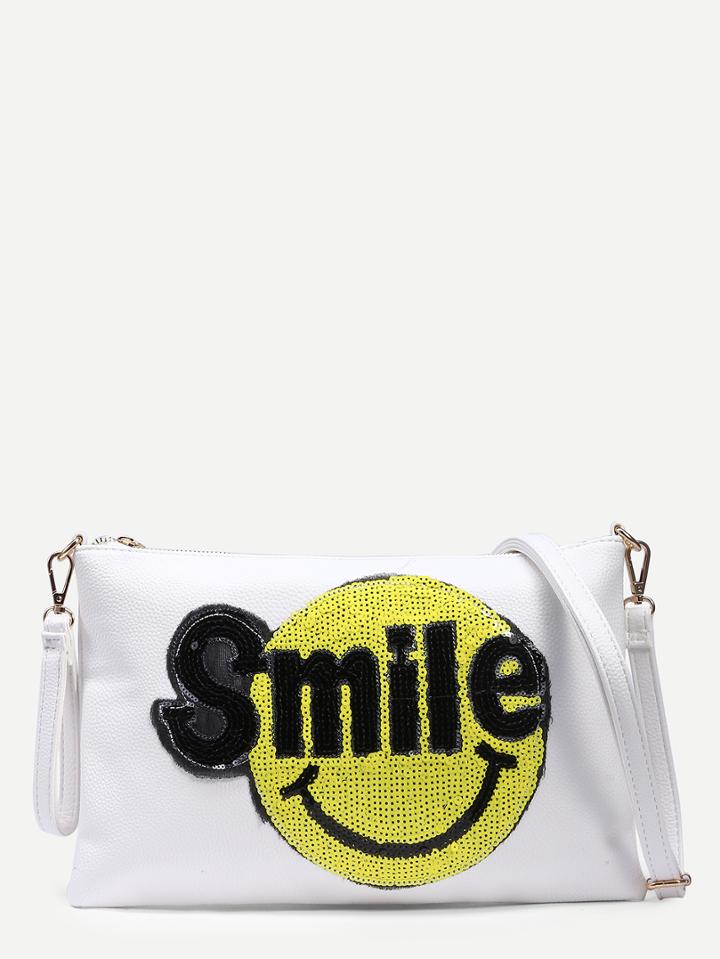Shein White Sequin Smiley Face Patch Wristlet With Strap