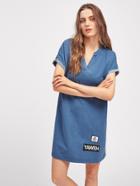 Shein Cuffed Sleeve Patch Detail Denim Look Tee Dress