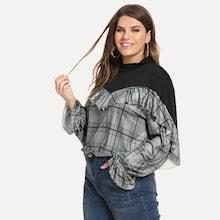 Shein Plus Ruffle Detail Cut And Sew Plaid Top