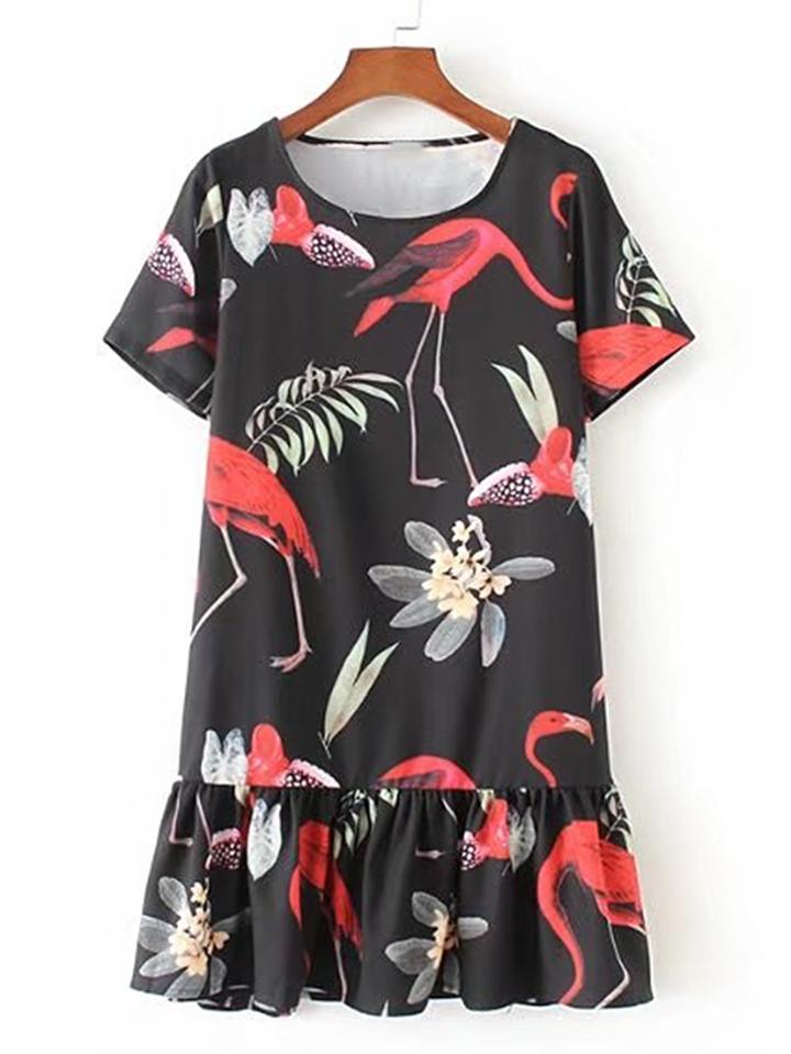 Shein Flamingo Print Ruffle Hem Dress