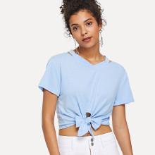Shein Cutout Neck Knot Hem T-shirt