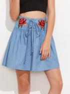 Shein Symmetric Rose Patch Lace Up Drop Waist Skirt