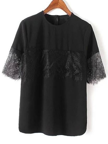 Shein Black Lace Insert Zipper Back Shirt