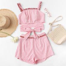 Shein Fringe Detail Cross Wrap Top & Shorts Co-ord