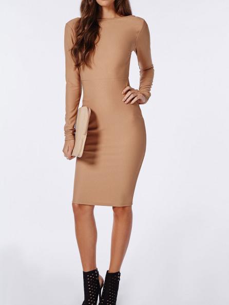 Shein Camel Long Sleeve Backless Bodycon Dress