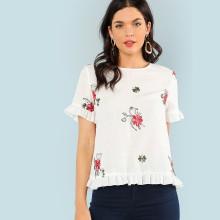 Shein Ruffle Cuff & Hem Floral Top