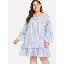 Shein Plus Tiered Ruffle Trim Pinstripe Bardot Dress
