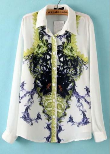 Rosewe Fine Quality Long Sleeve Printed Chiffon Blouse White