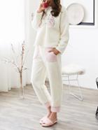 Shein Cat Embroidered Plush Pullover & Pants Pj Set