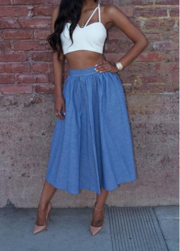 Rosewe Two Piece White Top And Blue Skirt