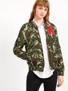 Shein Olive Green Camo Print Bomber Jacket With Patch