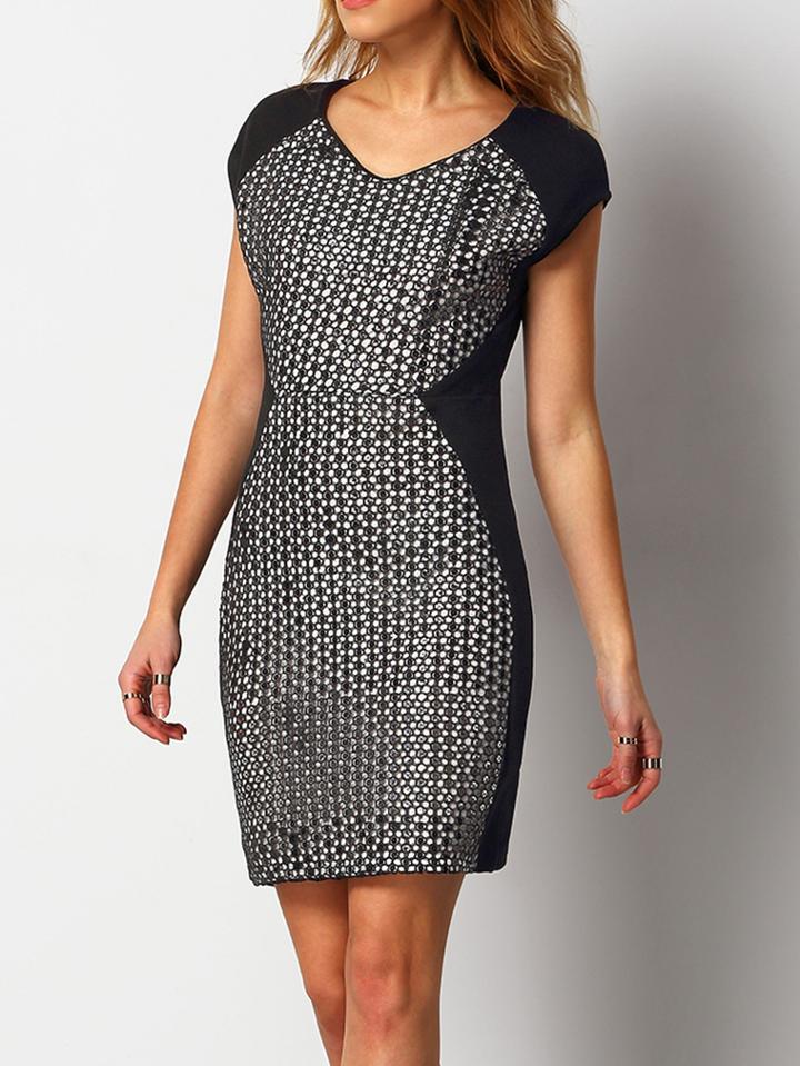Shein Black White V Neck Grid Bodycon Dress
