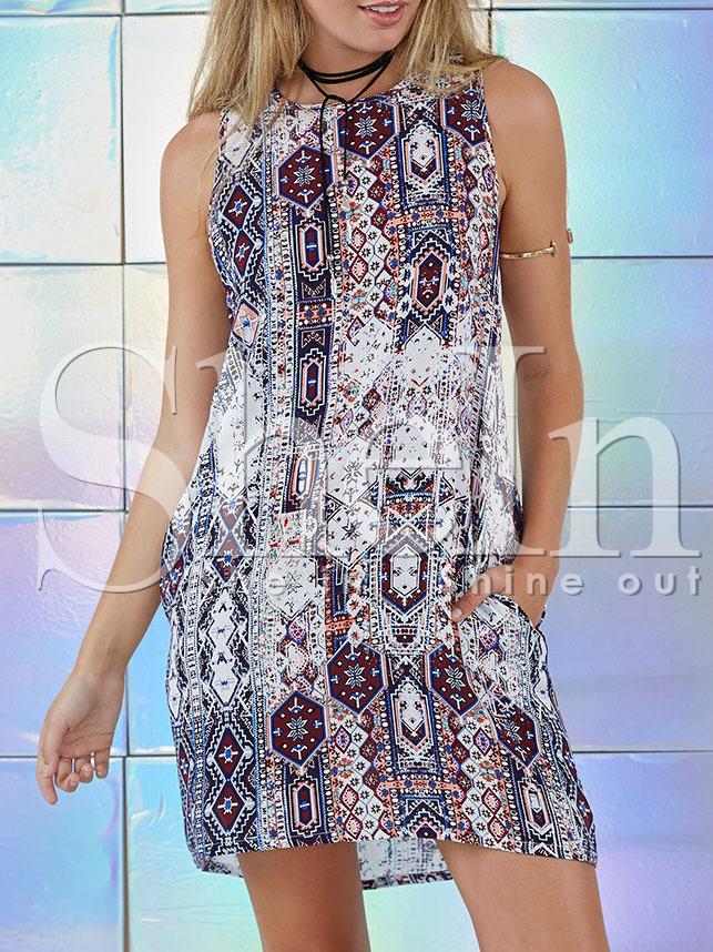 Shein Folk Print Sleeveless Keyhole Back Dress