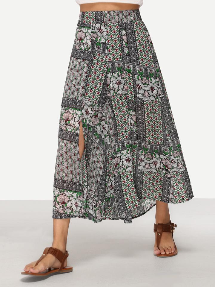 Shein Tribal Print Elastic Waist Slit Chiffon Skirt Pants