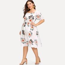 Shein Plus Ruffle Cuff Flower Print Dress