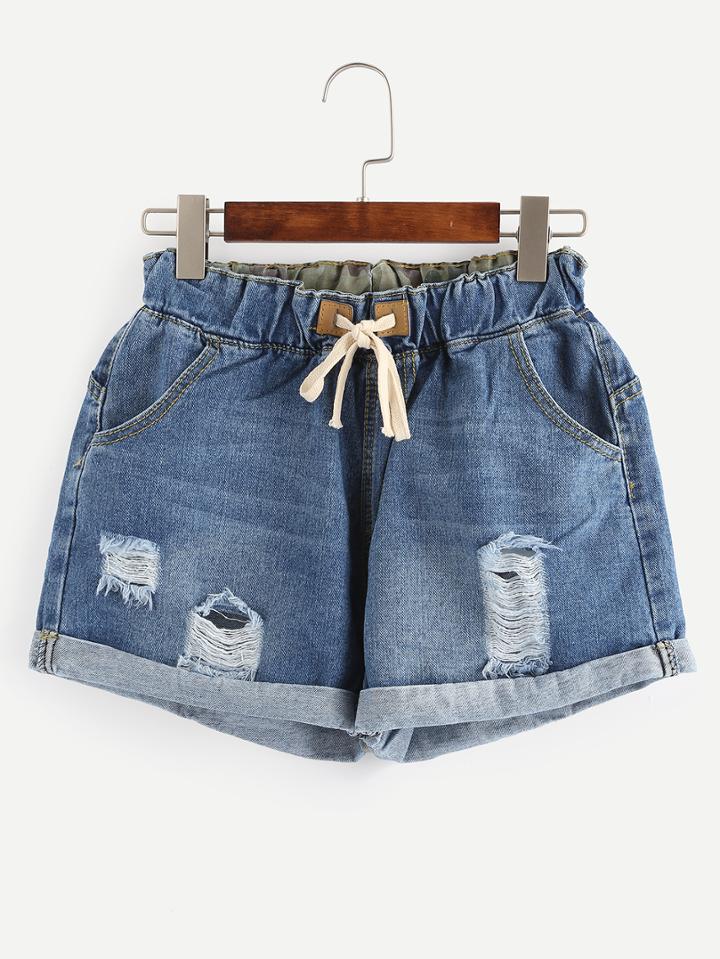 Shein Ripped Rolled Hem Drawstring Blue Denim Shorts