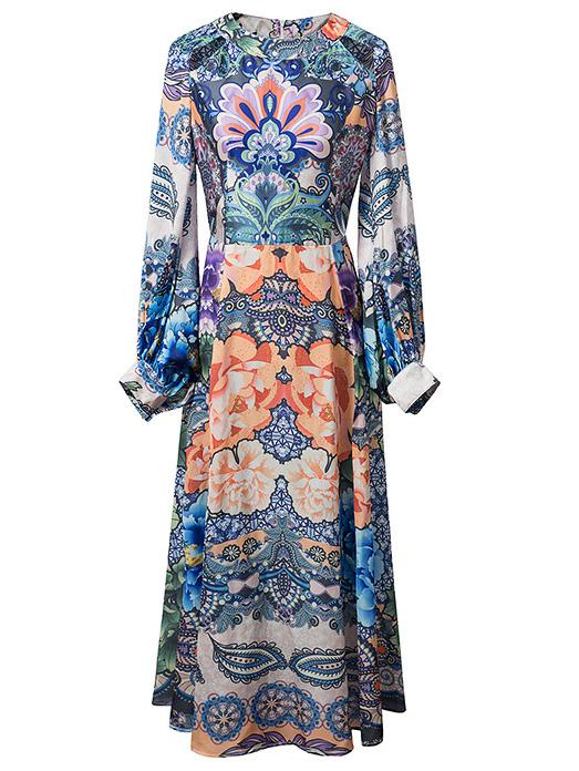 Shein Multicolor Lantern Sleeve Zipper Back Flowers Print Maxi Dress