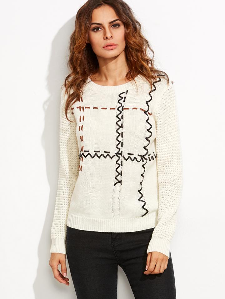 Shein White Faux Leather Whipstitched Eyelet Sweater
