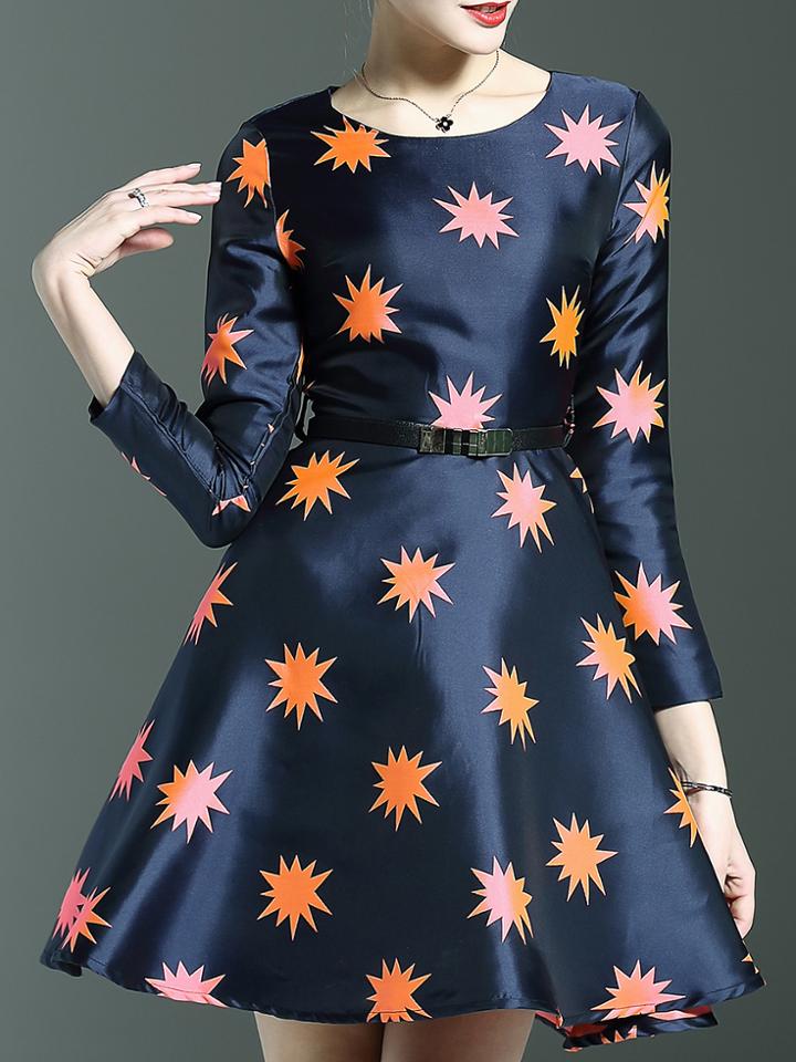 Shein Navy Belted Pockets Fireworks Jacquard A-line Dress