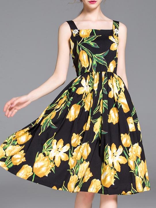 Shein Black Strap Backless Print A-line Dress