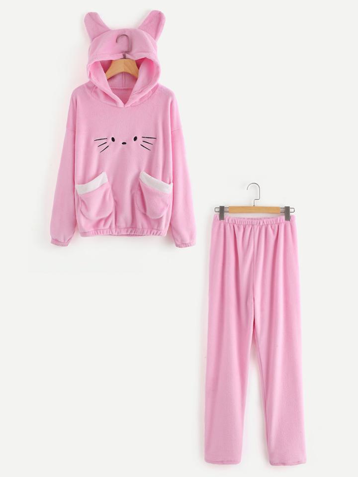 Shein Cat Hooded Embroidered Top & Pants Pj Set